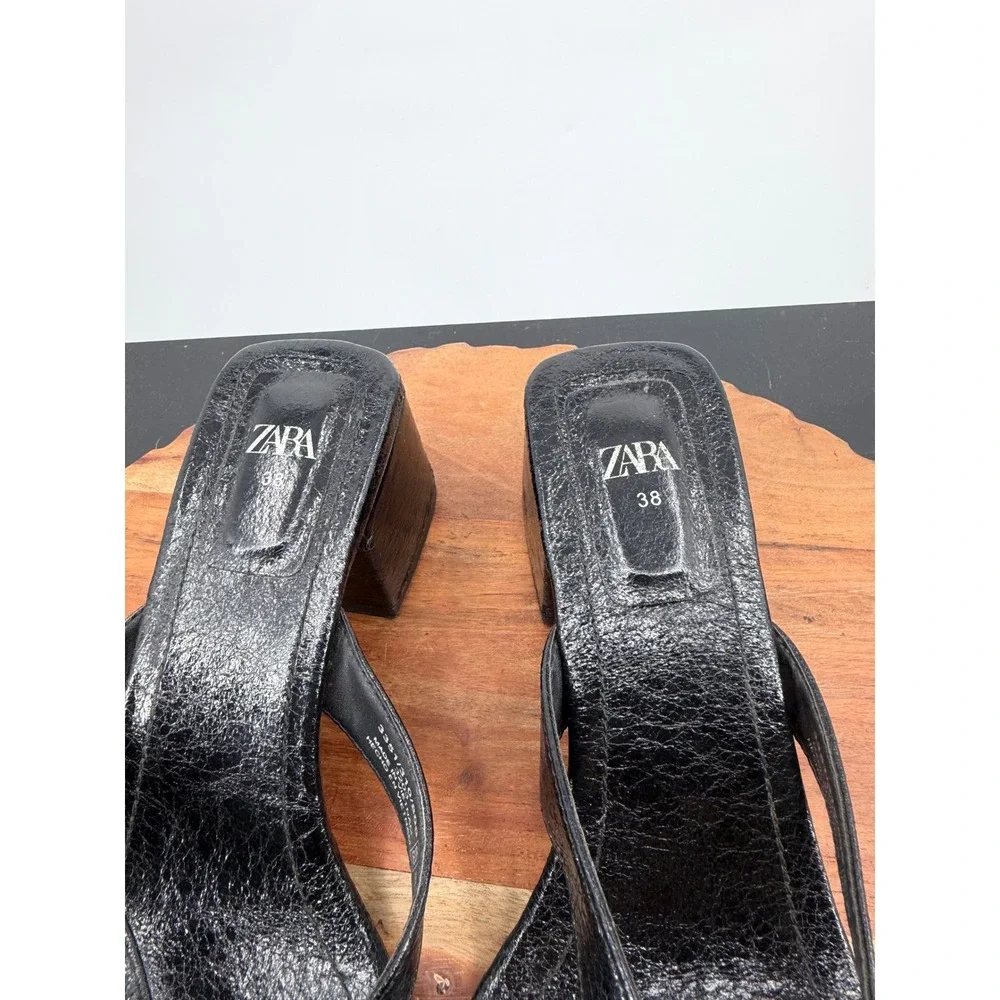 Zara Block Heel Thong Sandals Women 38 7 Black Square Toe Mules 3351/310/800